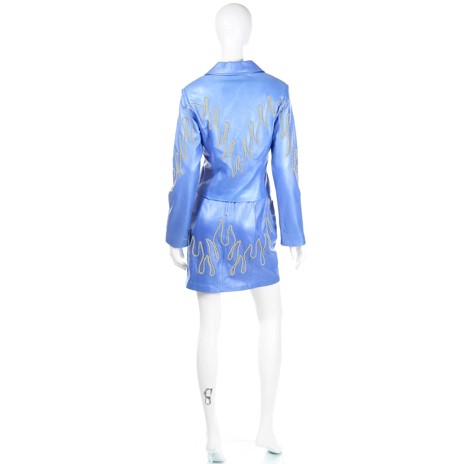 1990s Michael Hoban North Beach Leather Blue Flame Stud Dress & Jacket