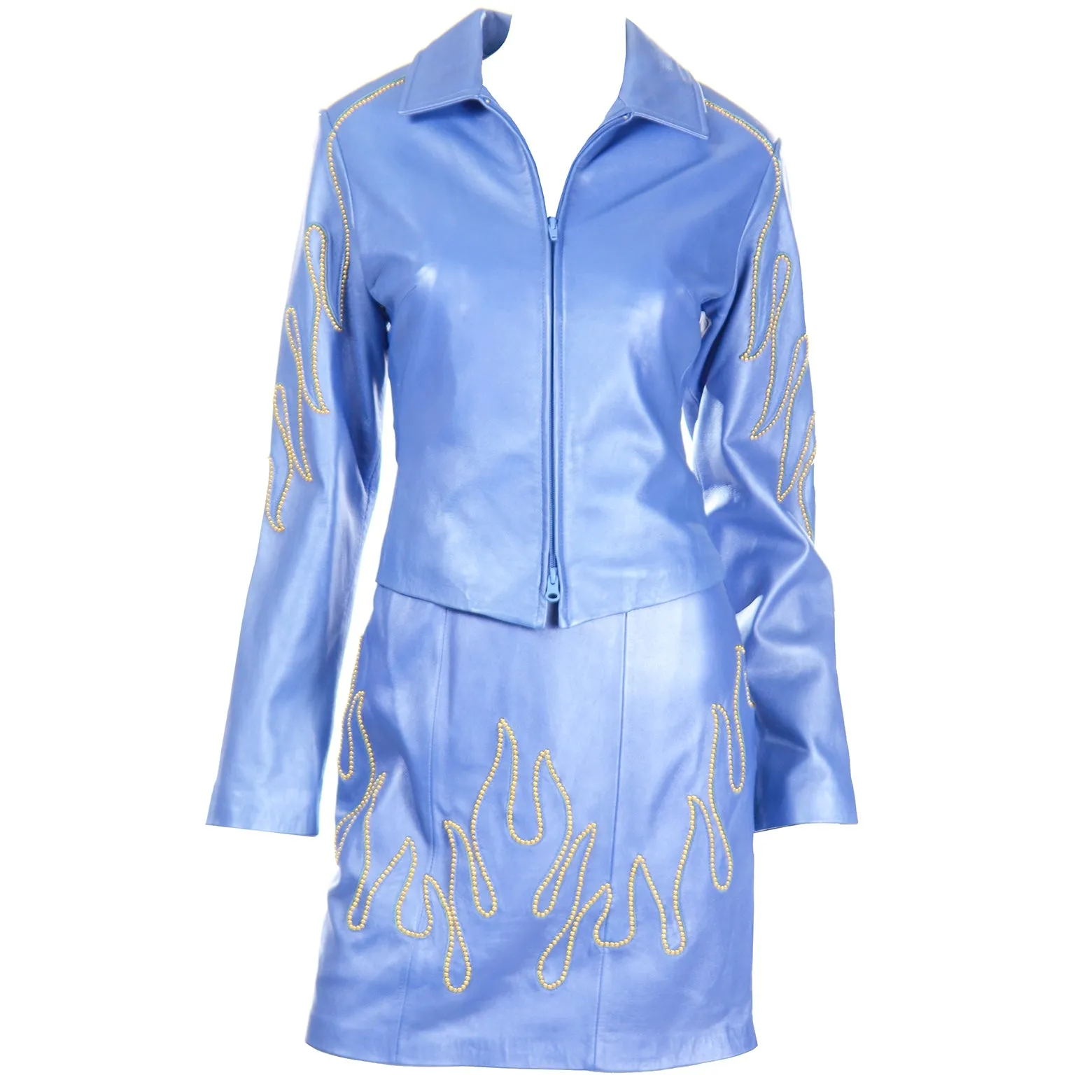 1990s Michael Hoban North Beach Leather Blue Flame Stud Dress & Jacket