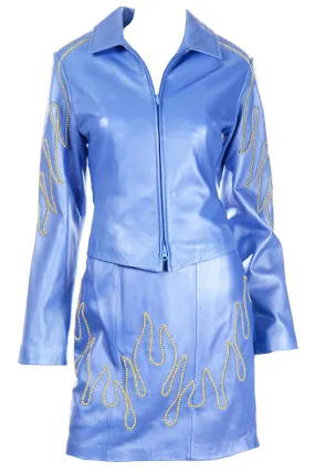 1990s Michael Hoban North Beach Leather Blue Flame Stud Dress & Jacket