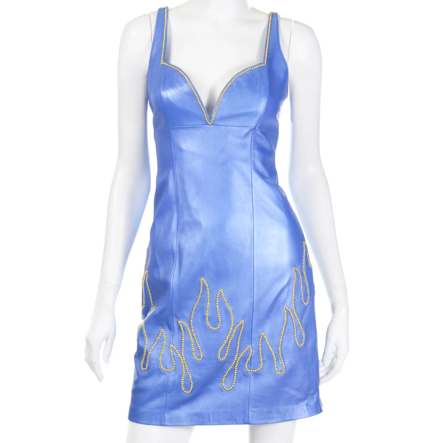 1990s Michael Hoban North Beach Leather Blue Flame Stud Dress & Jacket