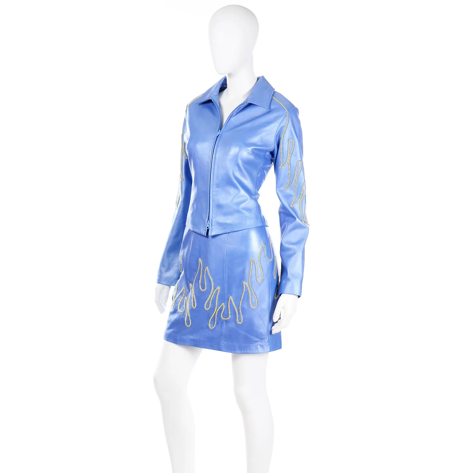 1990s Michael Hoban North Beach Leather Blue Flame Stud Dress & Jacket