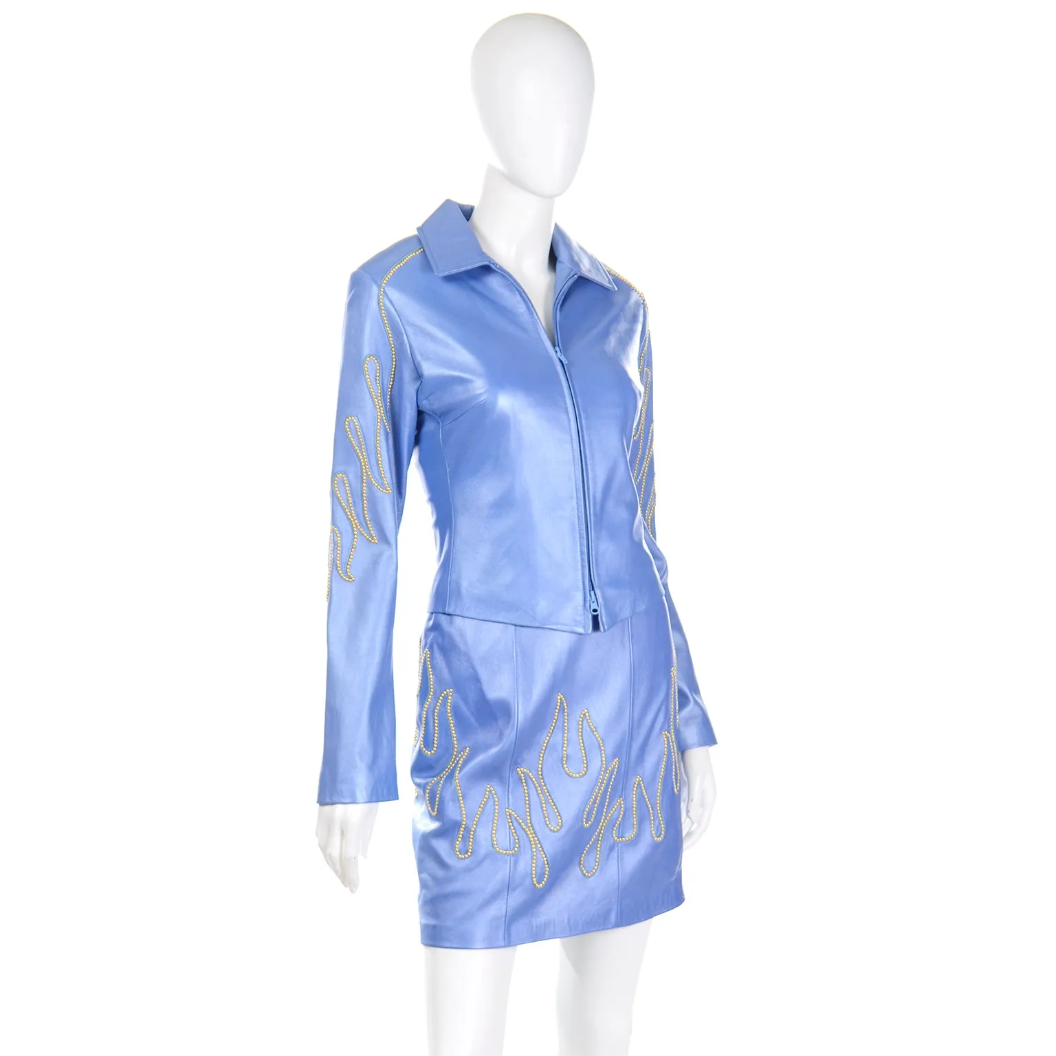 1990s Michael Hoban North Beach Leather Blue Flame Stud Dress & Jacket