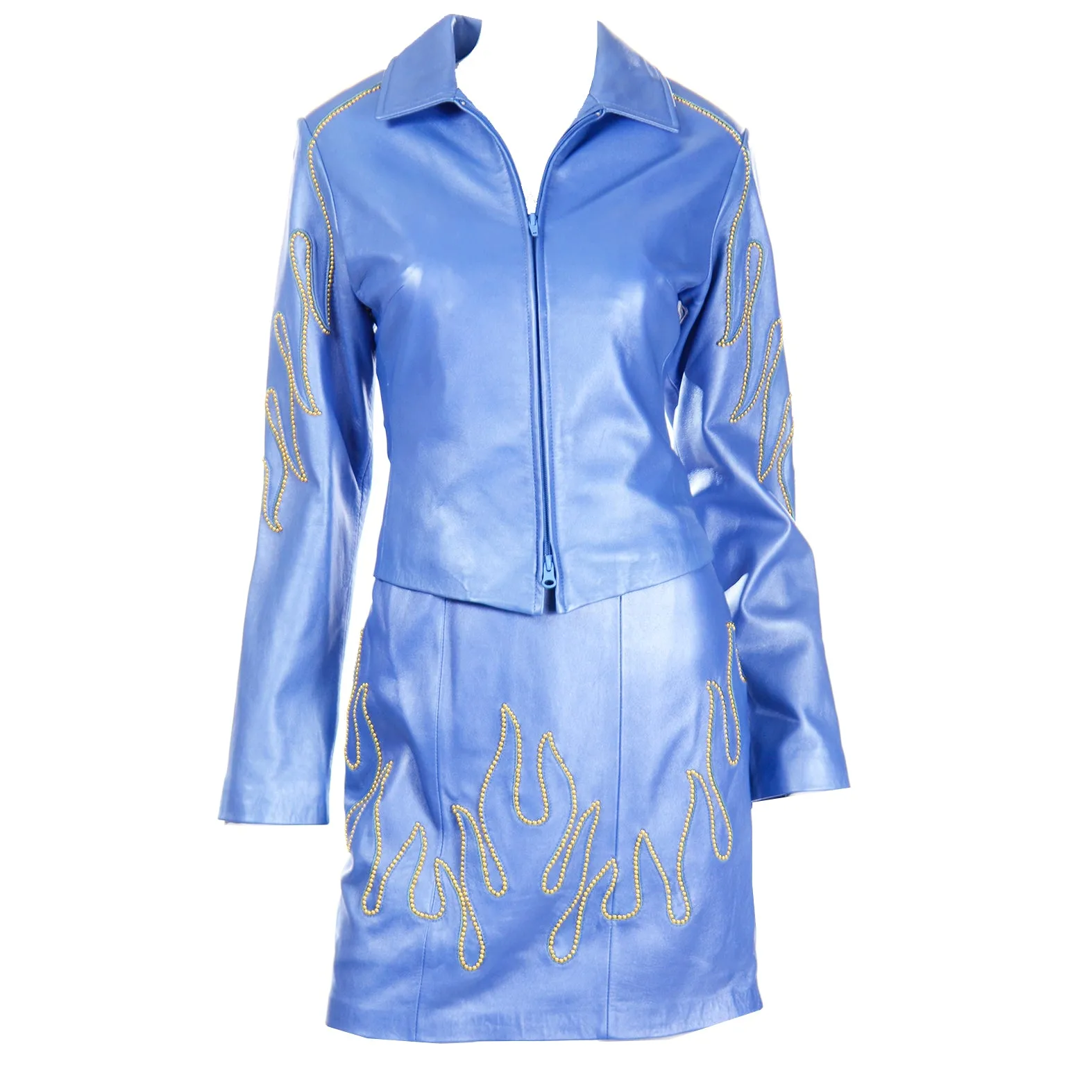 1990s Michael Hoban North Beach Leather Blue Flame Stud Dress & Jacket