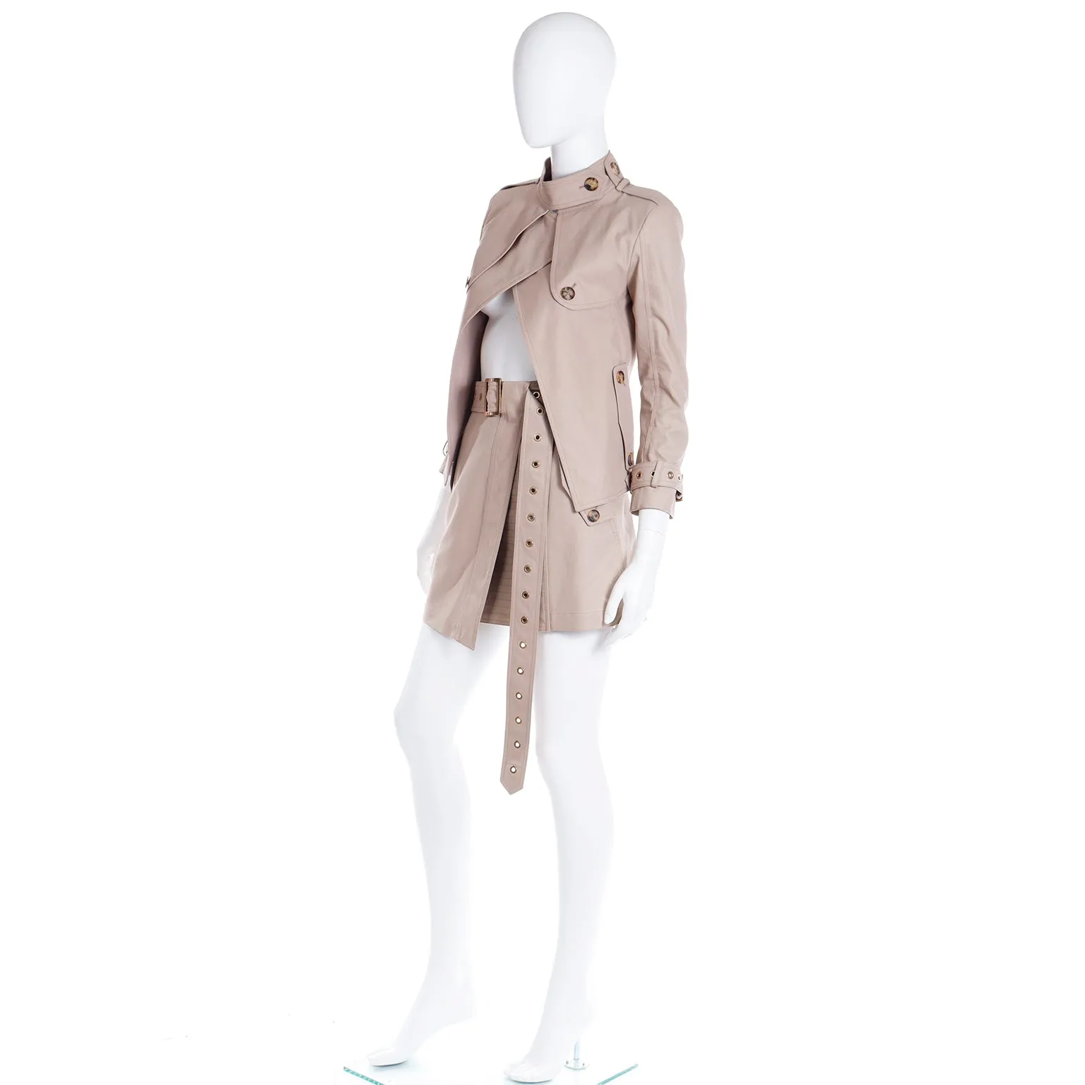 1990s Salvatore Ferragamo Vintage Skirt & Jacket Tan Suit Outfit w Belt