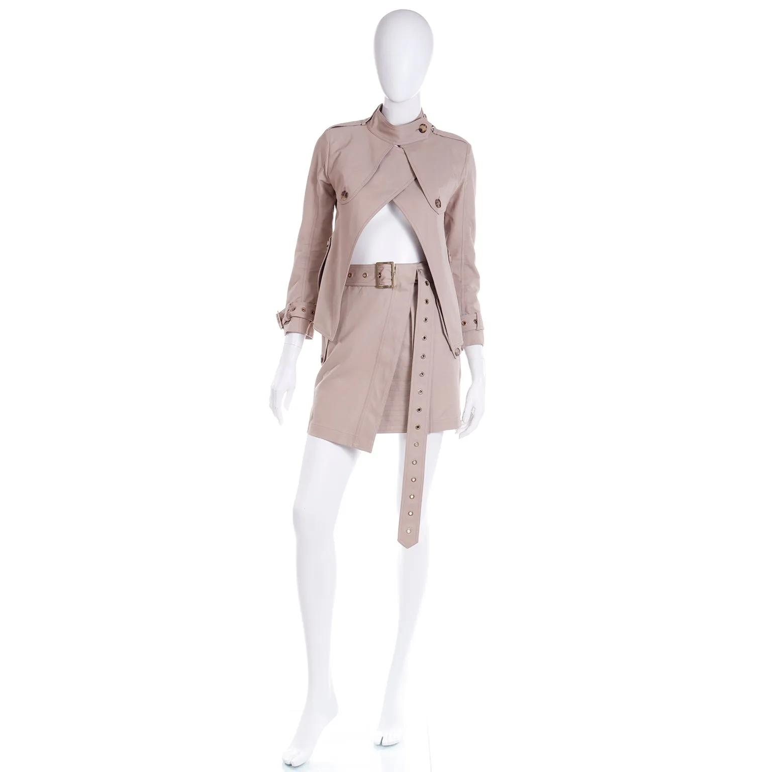 1990s Salvatore Ferragamo Vintage Skirt & Jacket Tan Suit Outfit w Belt