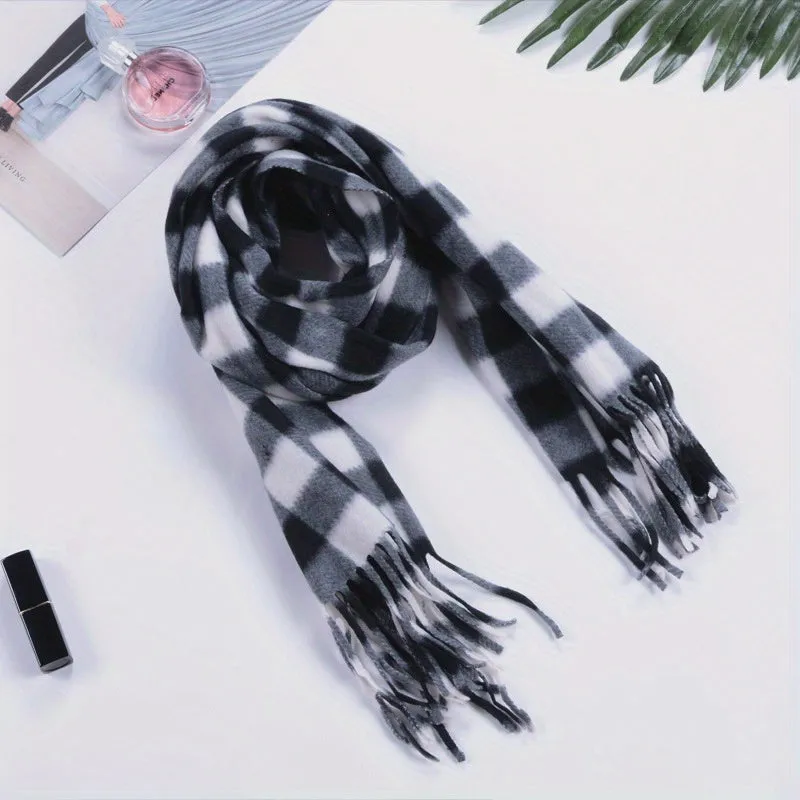 1pc British Plaid Couple Autumn And Winter Double-sided Fleece Neckwear, All-match Neckwear Tassel Plaid Warm Scarf For Men And Women