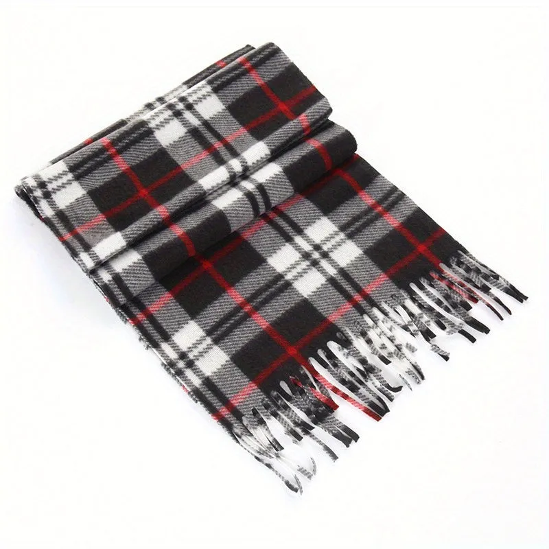 1pc British Plaid Couple Autumn And Winter Double-sided Fleece Neckwear, All-match Neckwear Tassel Plaid Warm Scarf For Men And Women