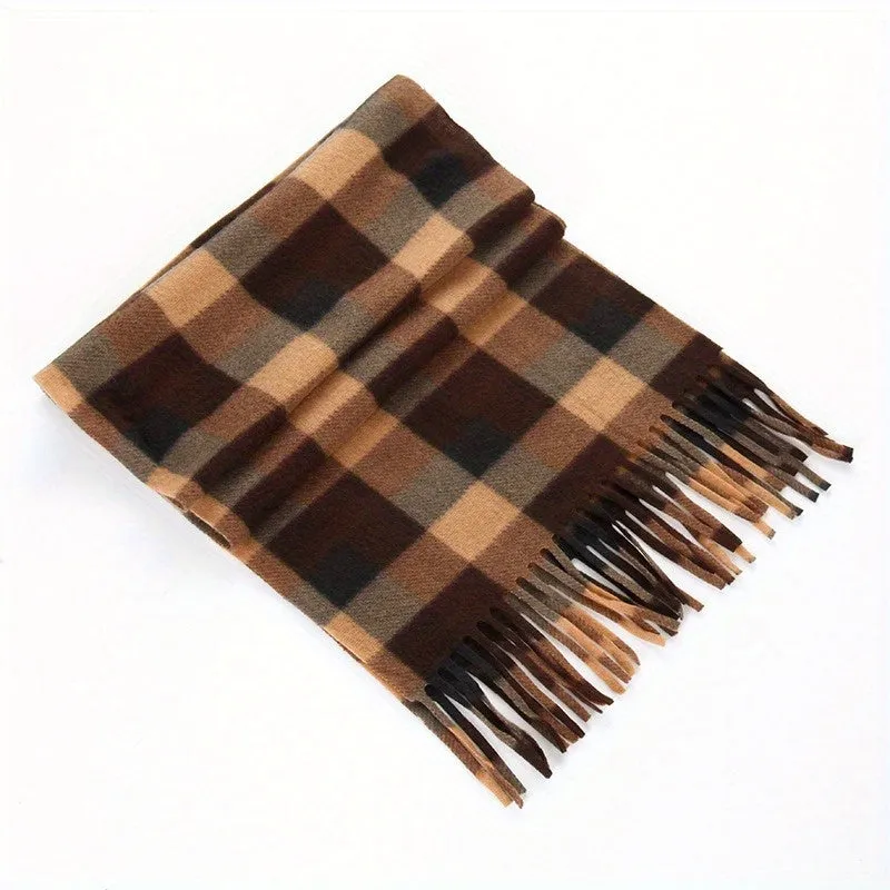 1pc British Plaid Couple Autumn And Winter Double-sided Fleece Neckwear, All-match Neckwear Tassel Plaid Warm Scarf For Men And Women