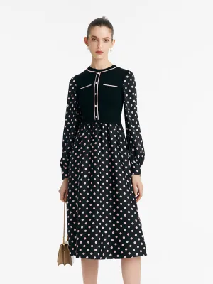 22 Momme Mulberry Silk Patchwork Polka Dots Printed Women Midi Dress