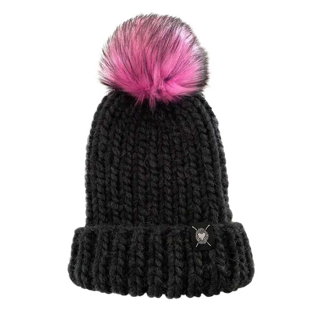 (30% Off) Beanie - Luxe Merino Folded Pom in Solid Black with Neon Pink Faux Fur by Nickichicki