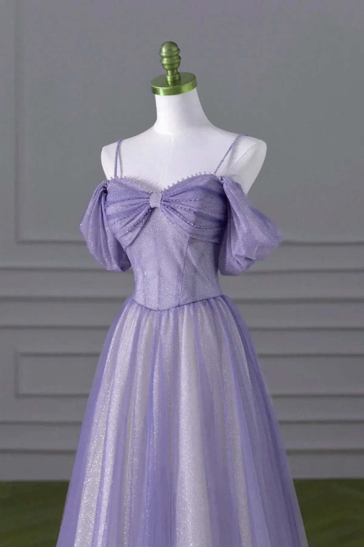 A-line Light Purple Tulle Beaded Long Party Dress, Light Purple Prom Dress