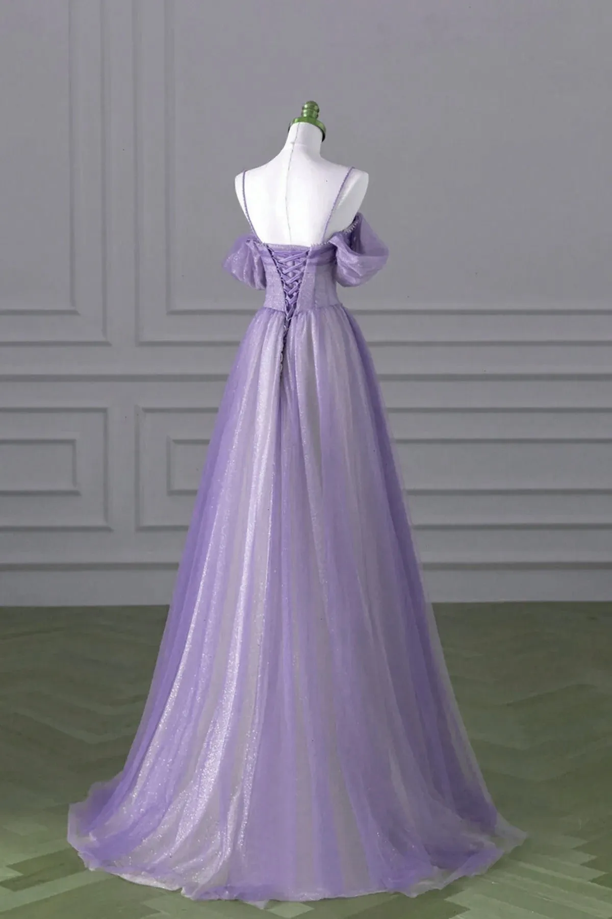 A-line Light Purple Tulle Beaded Long Party Dress, Light Purple Prom Dress