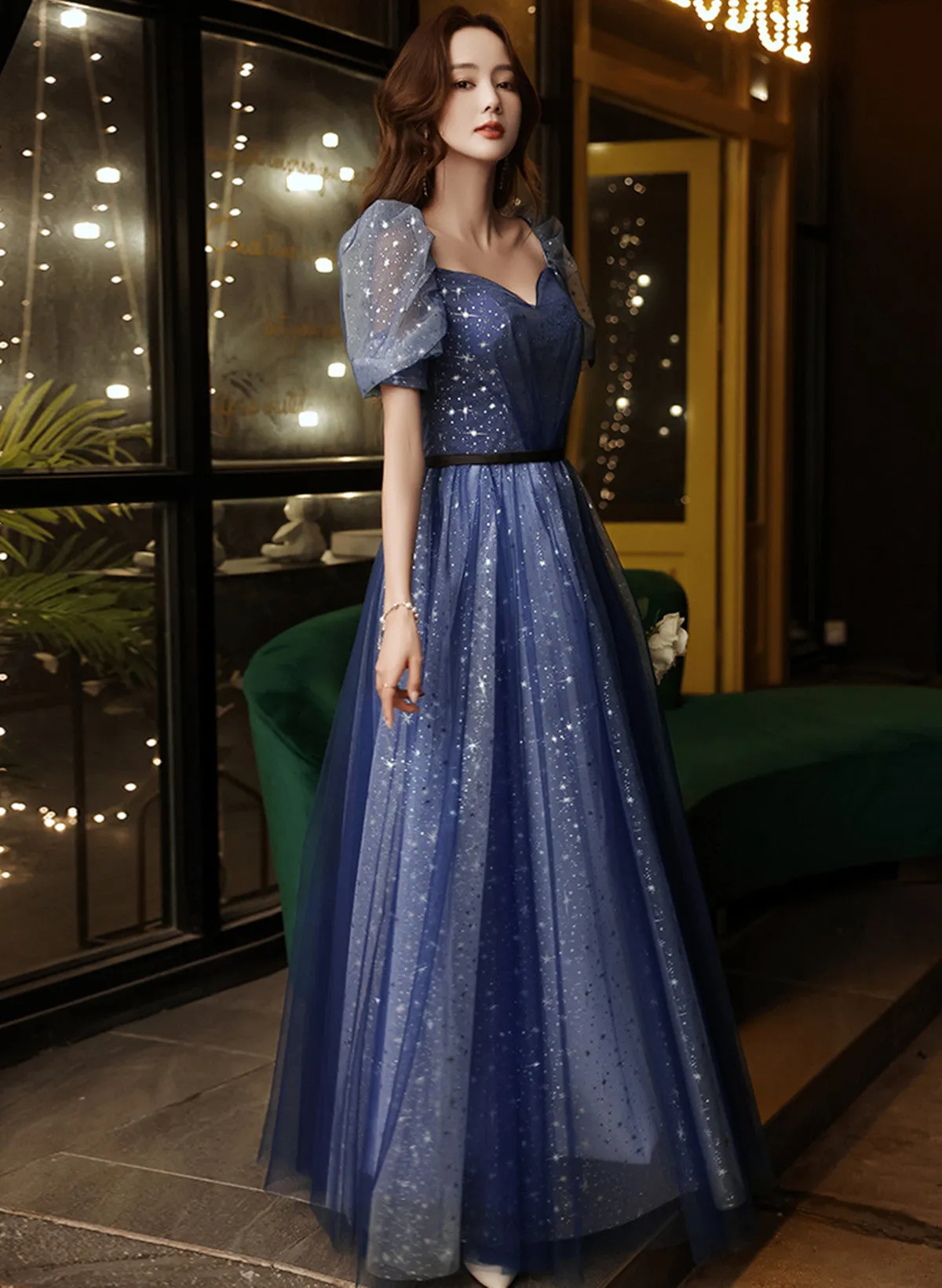 A-line Navy Blue Tulle Long Party Dress, Navy Blue Sweetheart Prom Dress