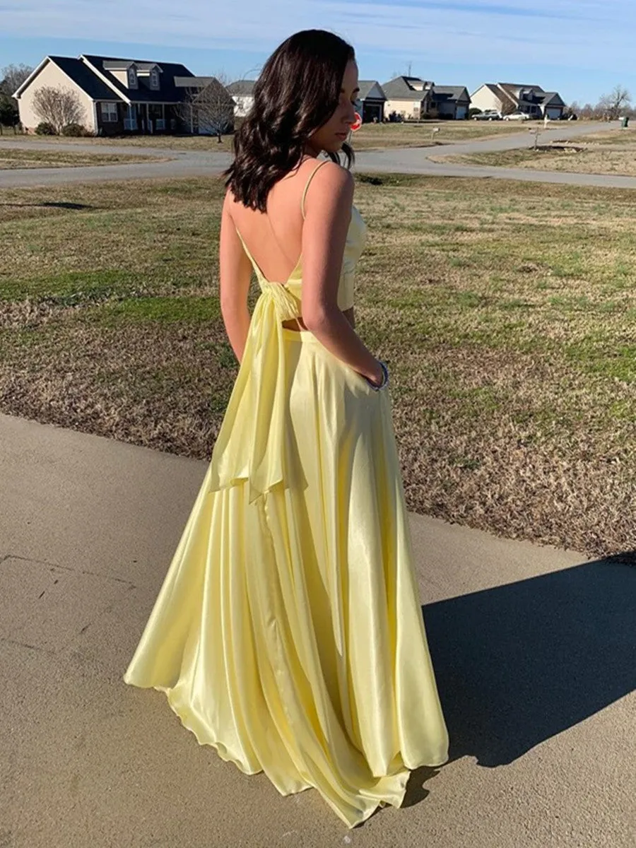 A Line V Neck Two Pieces Backless Royal Blue/Yellow Prom with High Slit, Two Pieces Royal Blue Formal, Backless Evening