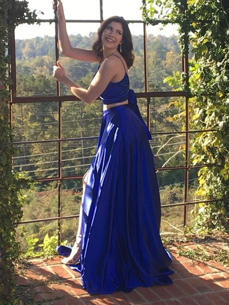 A Line V Neck Two Pieces Backless Royal Blue/Yellow Prom with High Slit, Two Pieces Royal Blue Formal, Backless Evening