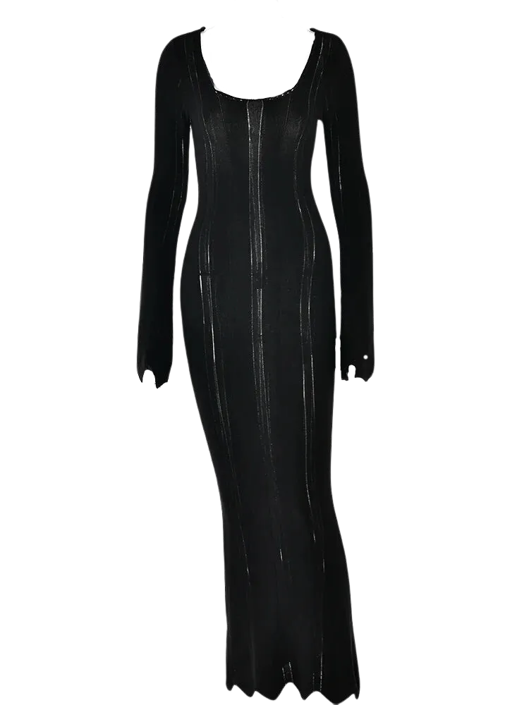 A&A Knitted Sheer Black Long Sleeved Maxi Dress