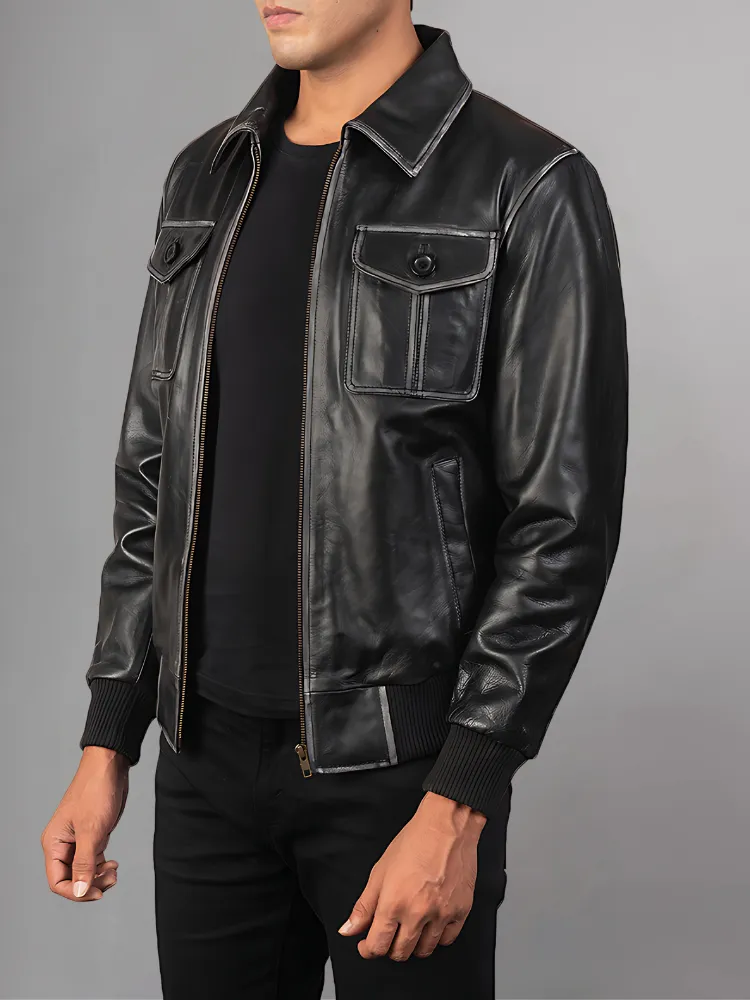 Aaron Leather Black Bomber Jacket