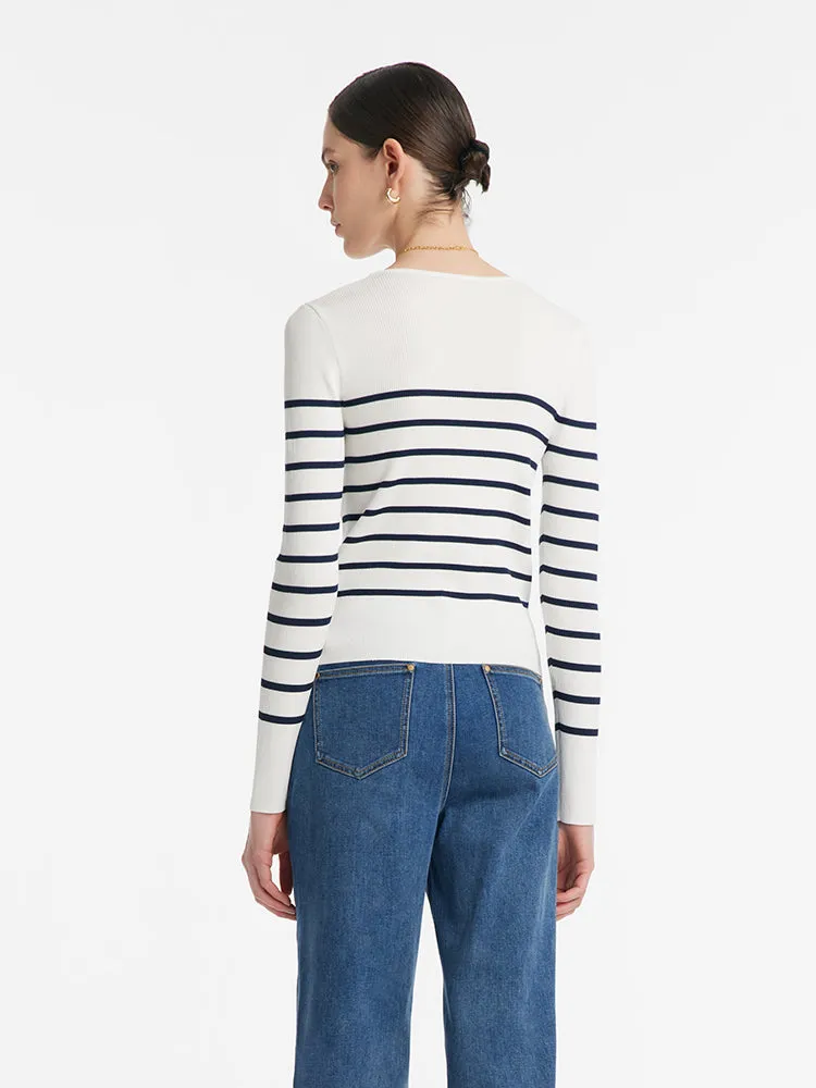 Acetate Square Neck Striped Women Knit Top