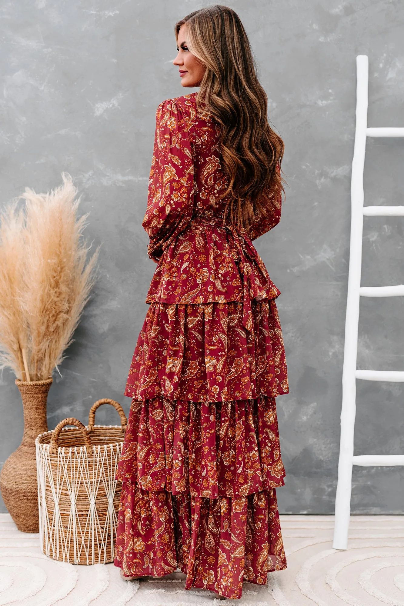 Always Memorable Tiered Printed Maxi Dress (Burgundy)