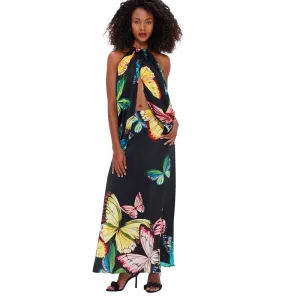 Alyssa Draped Halter Top  & Camila Maxi Skirt (Set) - Papillon Print in Black