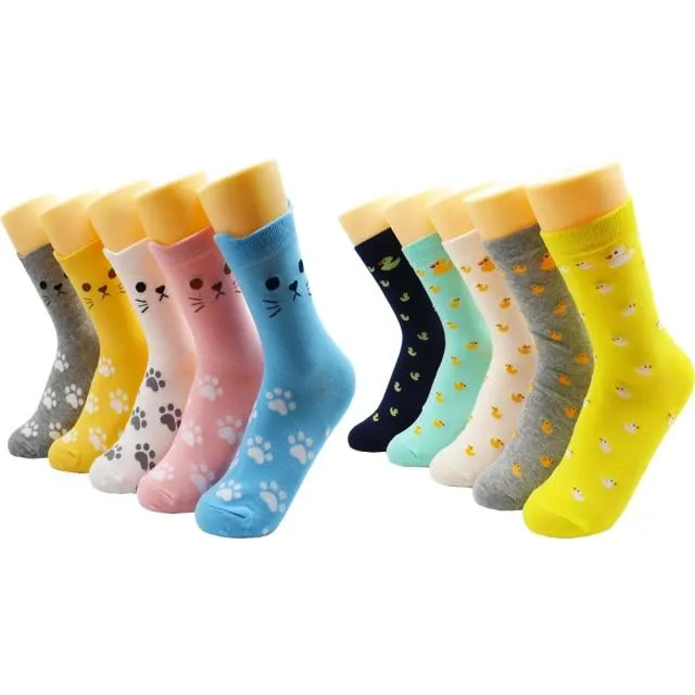 Animal Print Women Socks Cute Cartoon Cat Dog Duck Girl Socks