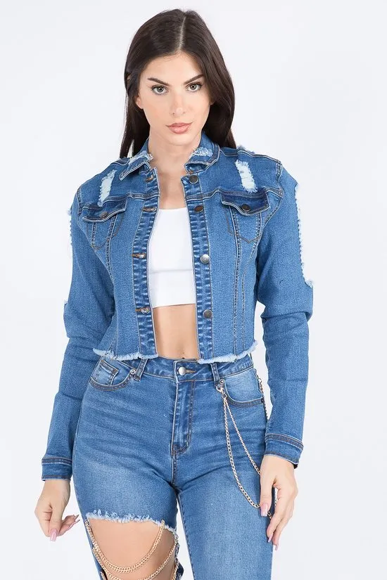 Anya Distressed Dark Blue Cropped Denim Jacket With Chains