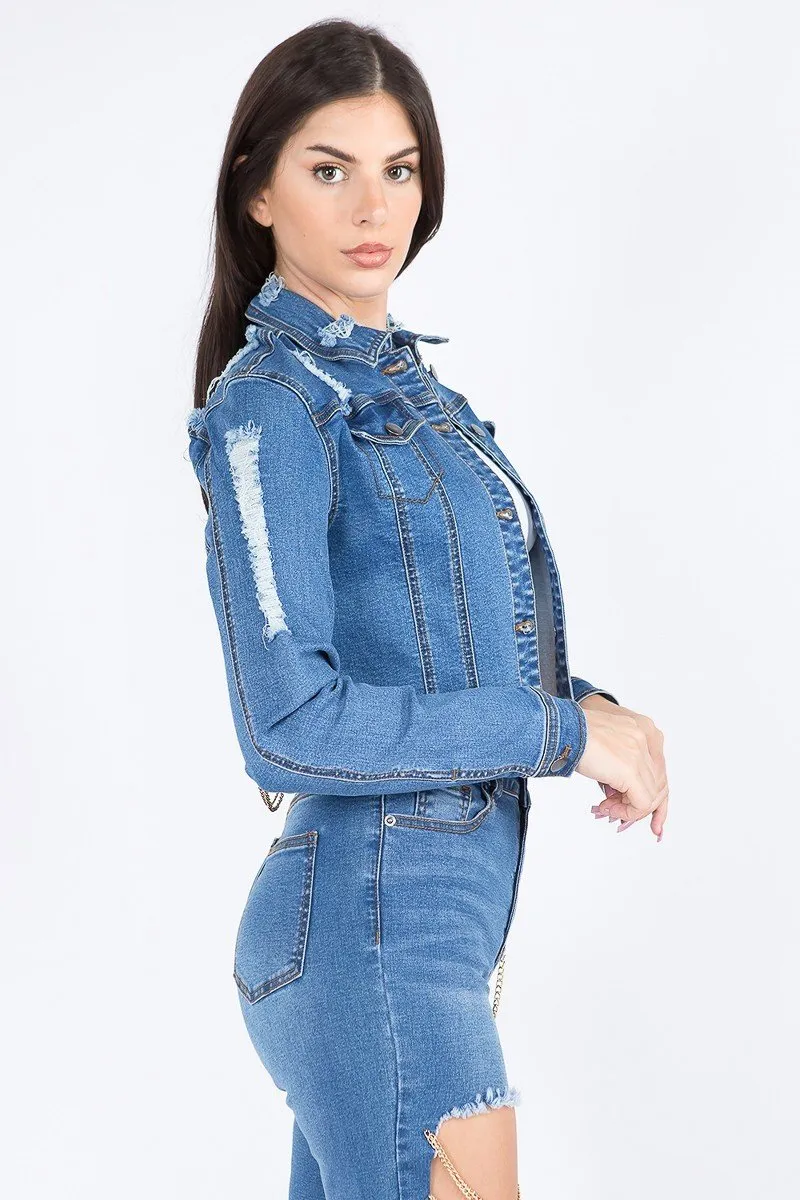 Anya Distressed Dark Blue Cropped Denim Jacket With Chains