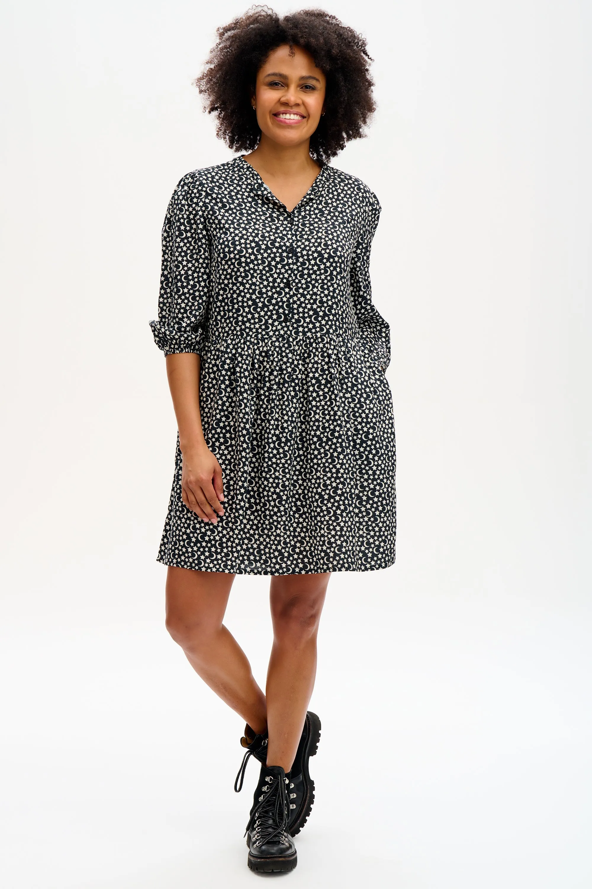 Astra Smock Dress | Monochrome Moon & Stars