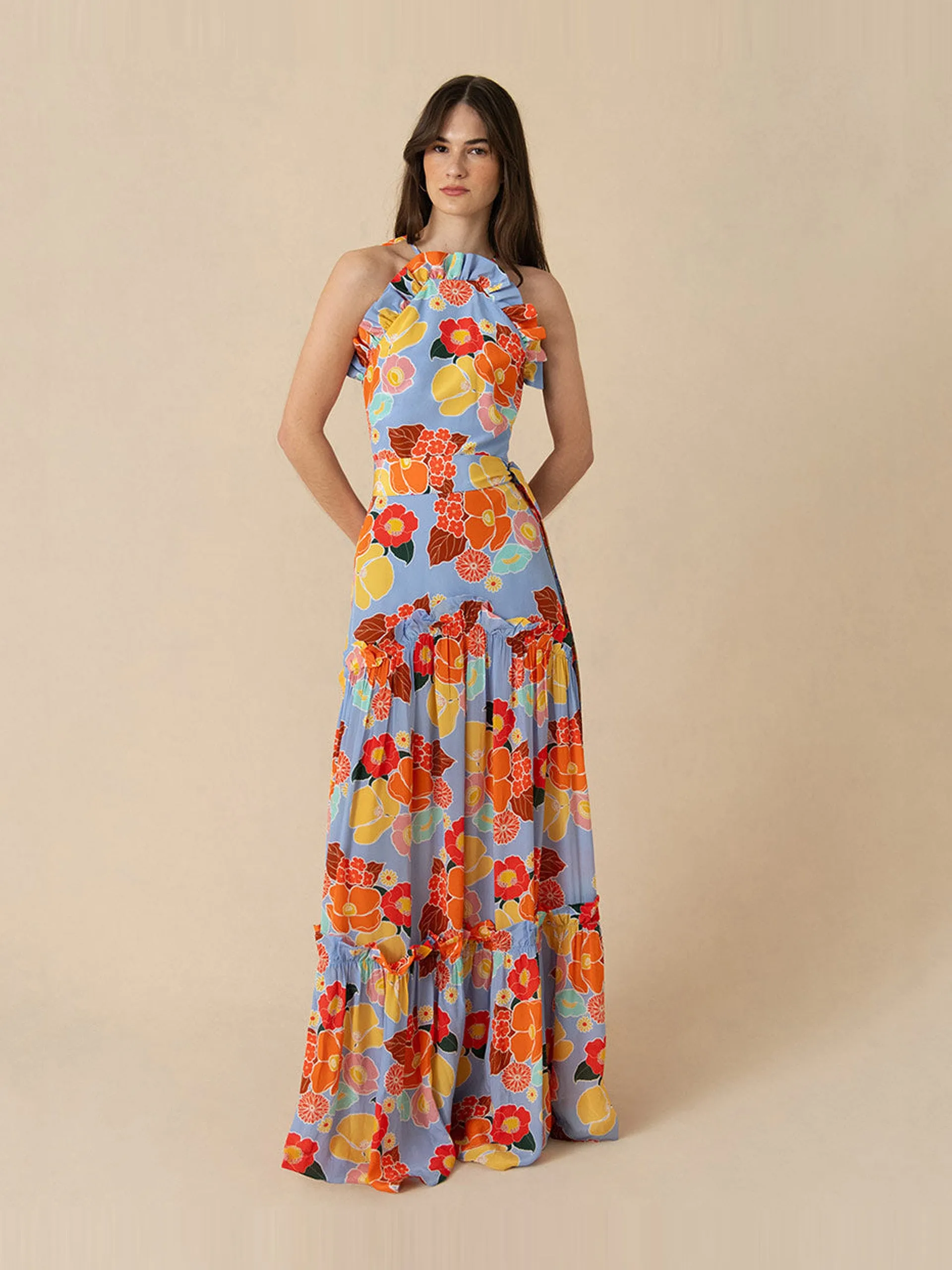 Astro flower blue Tatiana crepe maxi dress