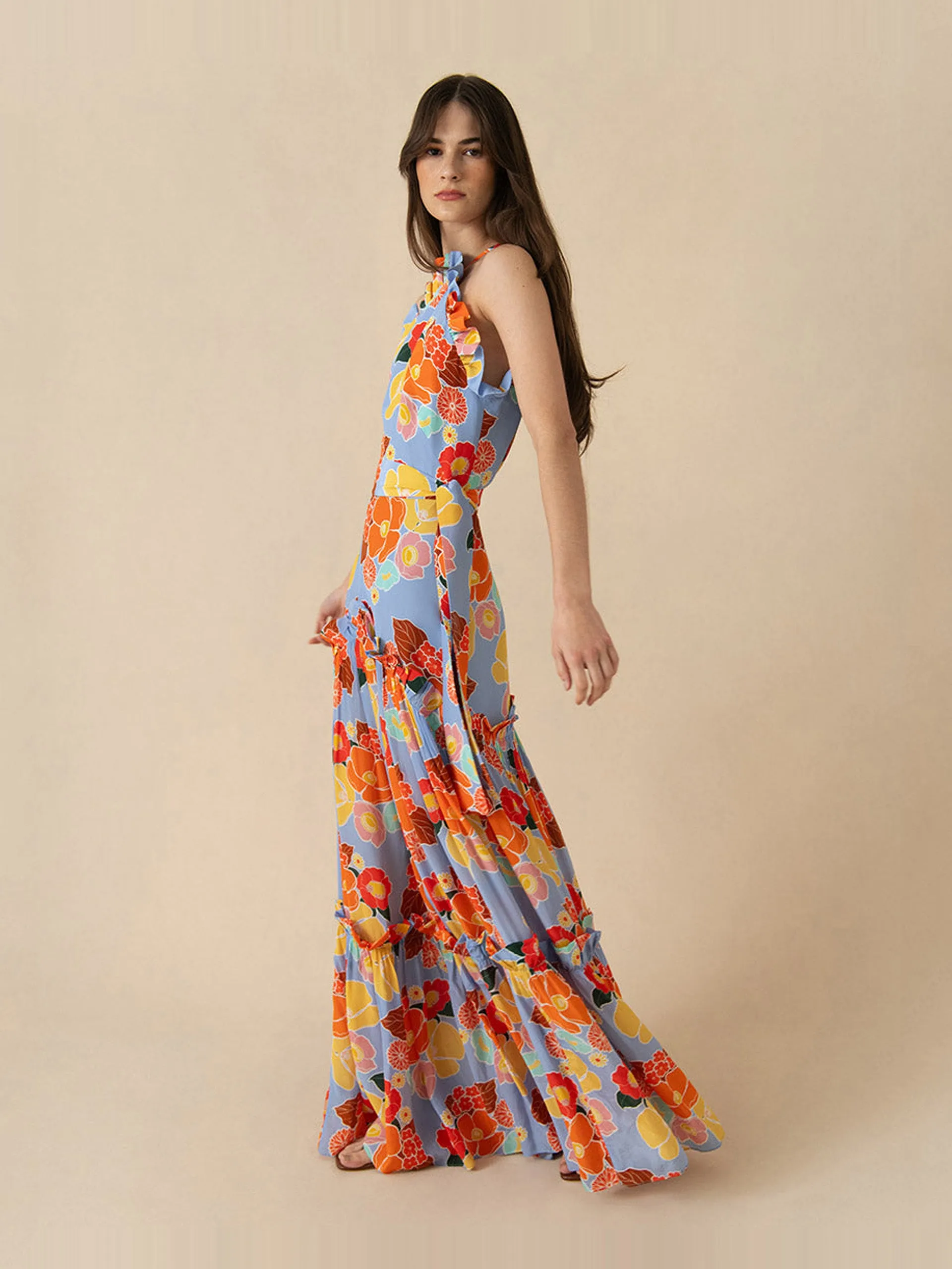 Astro flower blue Tatiana crepe maxi dress