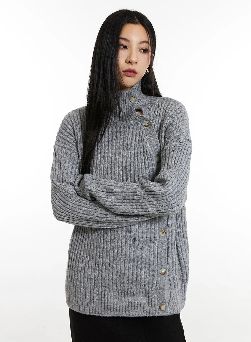 Asymmetric Button Knit Sweater IN308