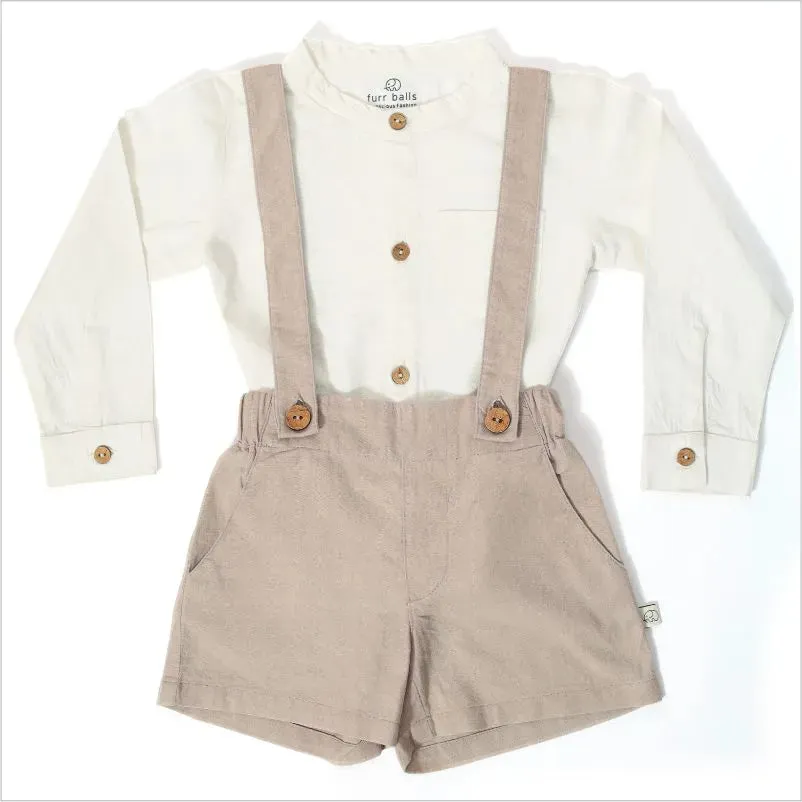 Baby Shirt & Suspender Shorts Set - White & Ruby Tan