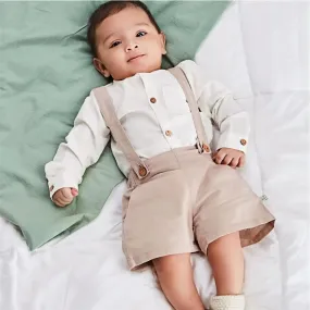 Baby Shirt & Suspender Shorts Set - White & Ruby Tan