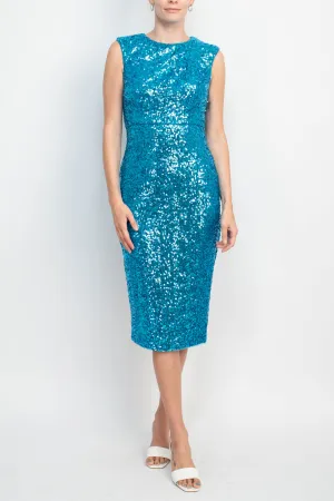 Badgley Mischka jewel neck sleeveless bodycon zipper closure slit back sequined dress