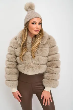 Beige Collared Cropped Premium Faux Fur Jacket