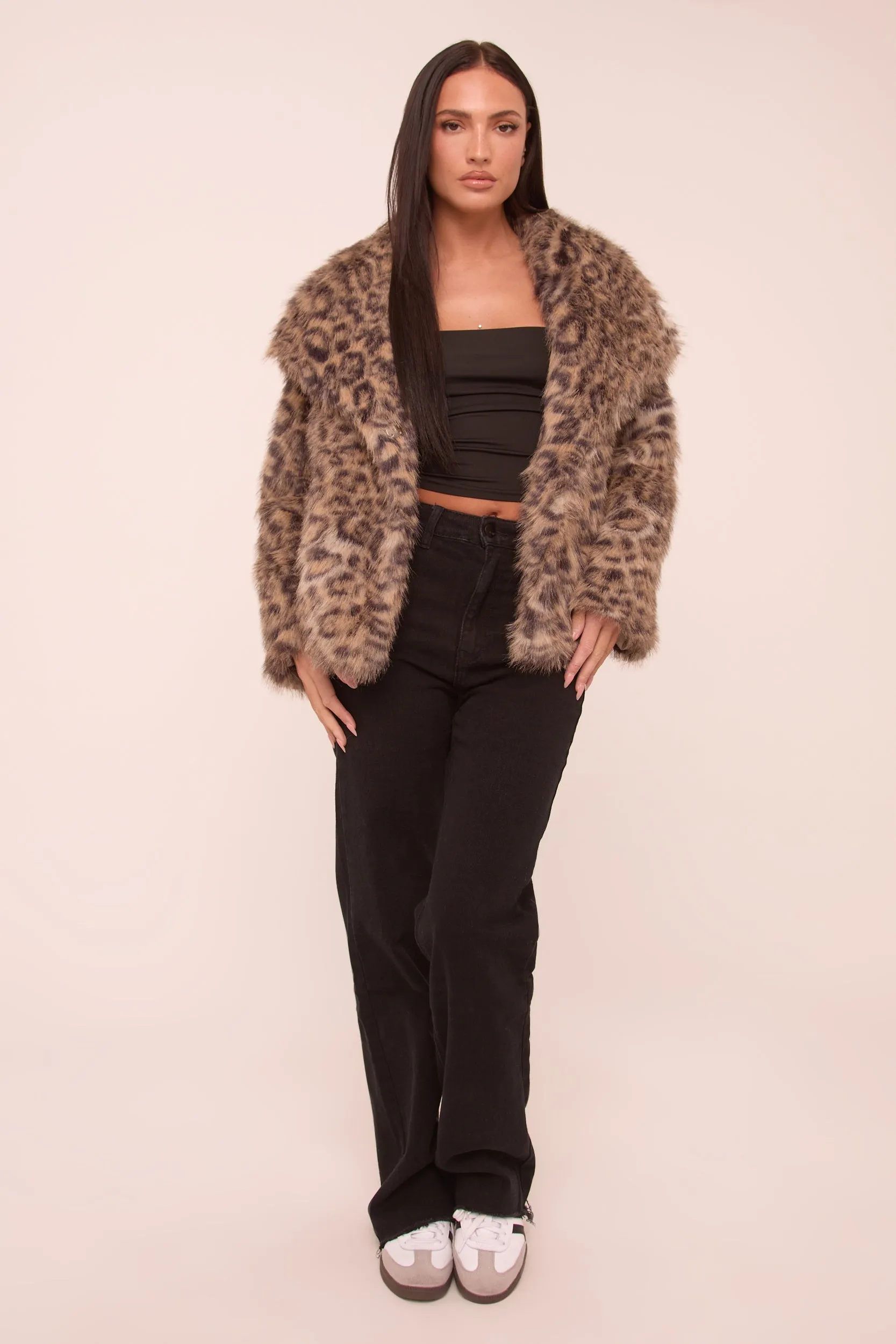 Beige Leopard Print Faux Fur Cropped Coat - Dania