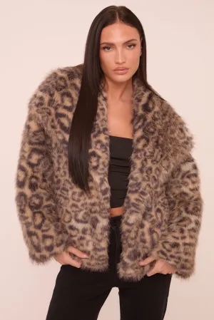 Beige Leopard Print Faux Fur Cropped Coat - Dania