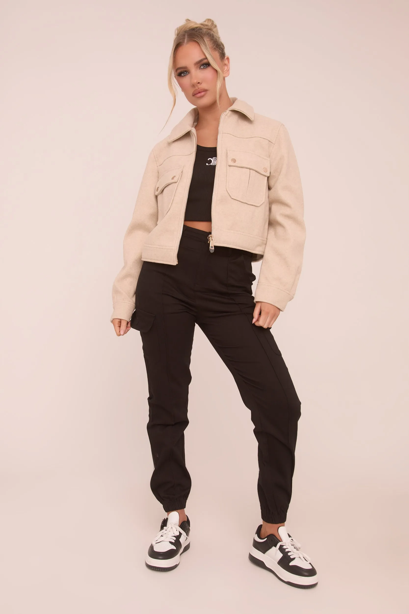 Beige Zip Front Cropped Jacket - Carol