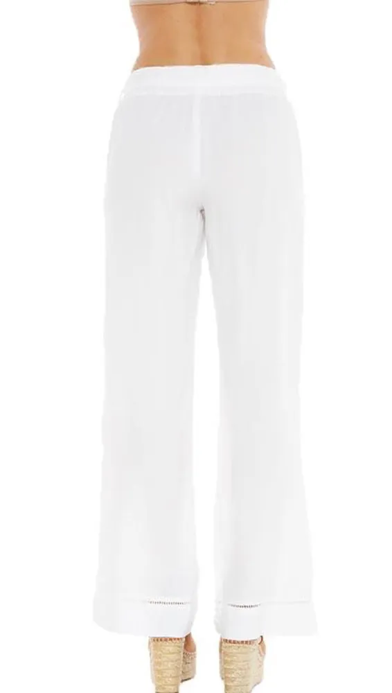 Bella Dahl Belted Wide Leg Pants Eyelet Trim White