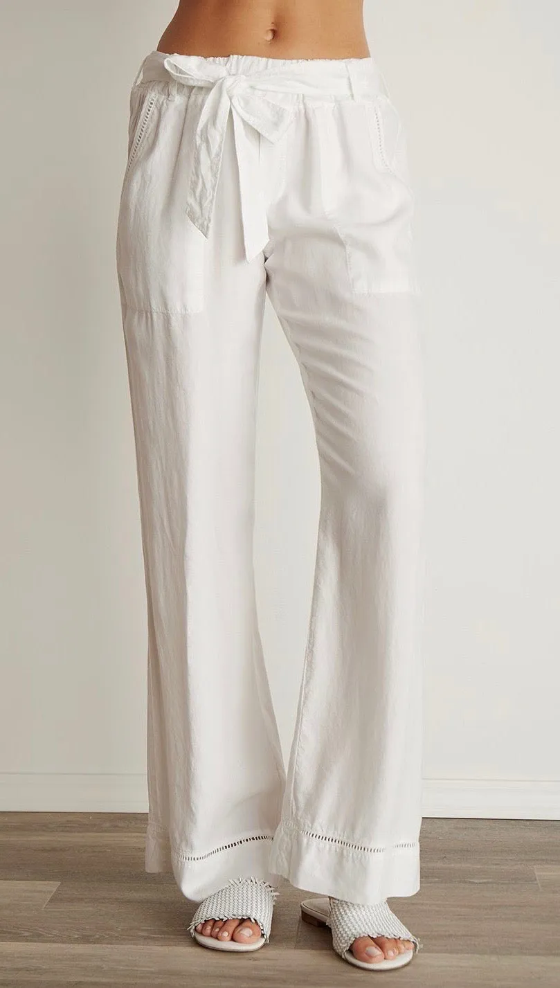 Bella Dahl Belted Wide Leg Pants Eyelet Trim White