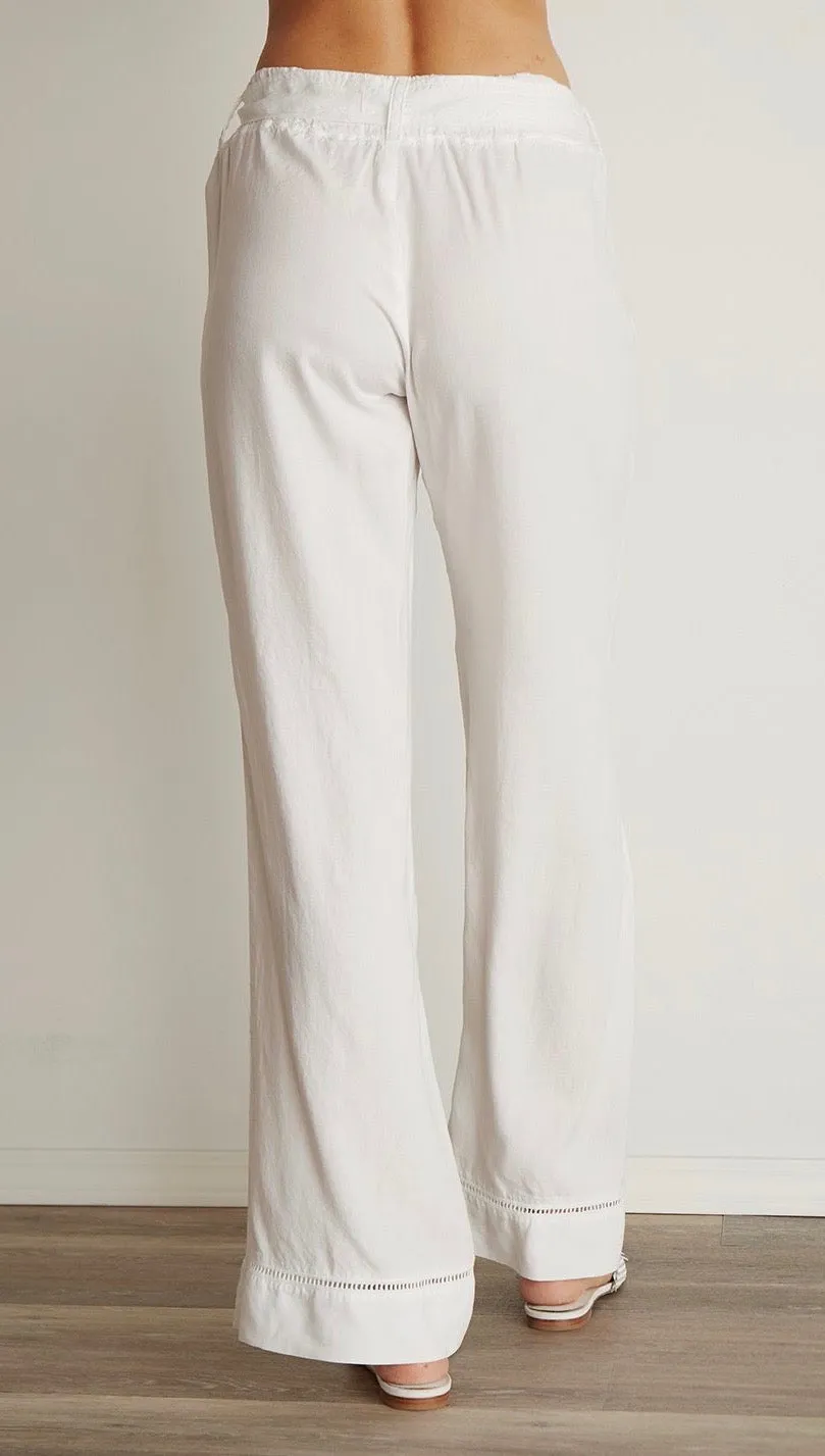 Bella Dahl Belted Wide Leg Pants Eyelet Trim White