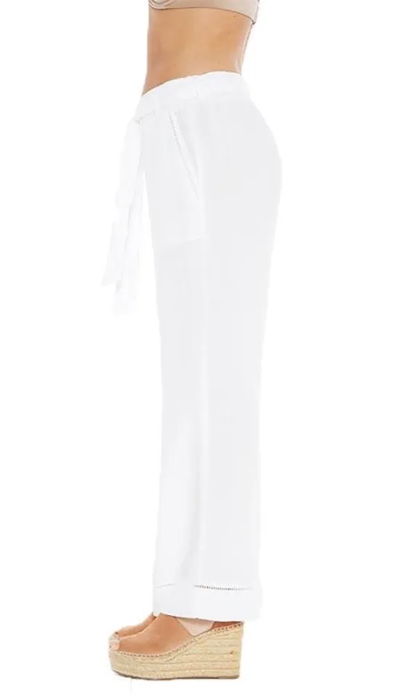 Bella Dahl Belted Wide Leg Pants Eyelet Trim White