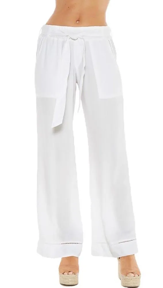 Bella Dahl Belted Wide Leg Pants Eyelet Trim White