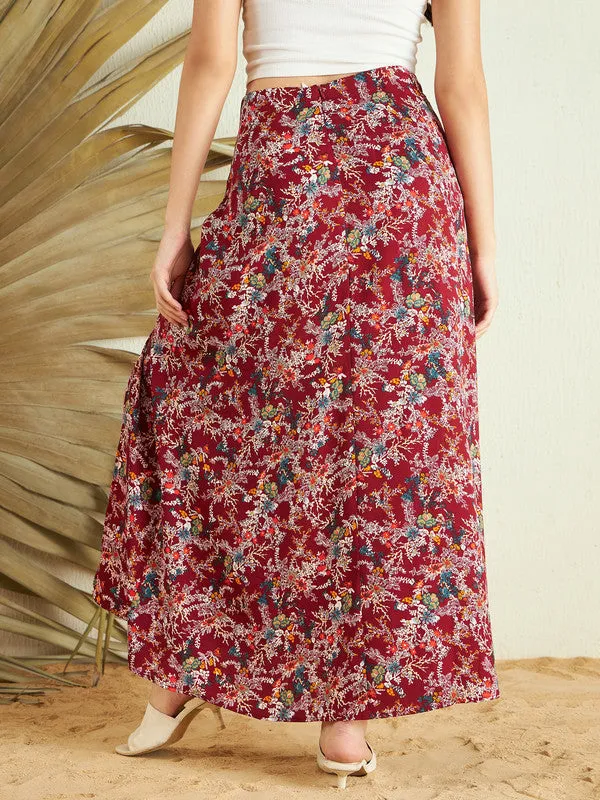 Berrylush Women Maroon & Blue Floral Printed High-Rise Waist Crepe Side-Slit Flared A-Line Maxi Skirt