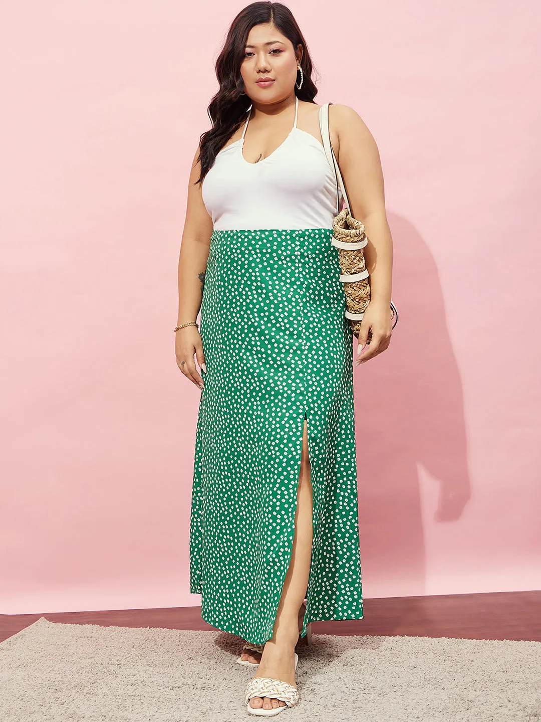 Berrylush Women Plus Size Green & White Floral Printed High-Rise Waist Thigh-High Slit Flared A-Line Maxi Skirt