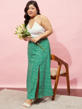 Berrylush Women Plus Size Green & White Floral Printed High-Rise Waist Thigh-High Slit Flared A-Line Maxi Skirt