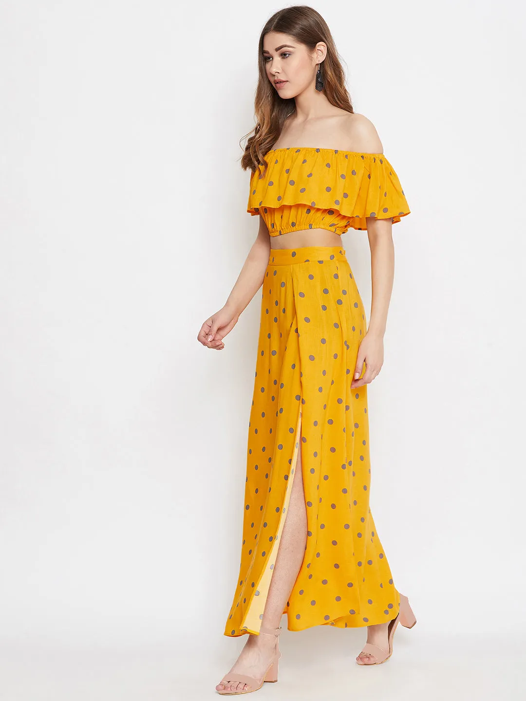 Berrylush Women Yellow Polka Dot Printed Off-Shoulder Co-Ordinate Maxi Dress