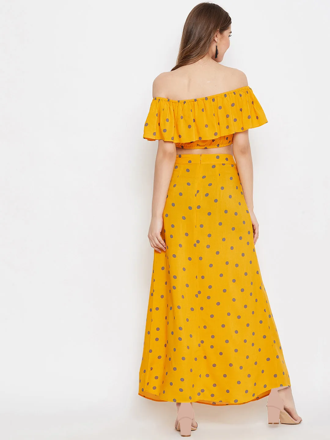 Berrylush Women Yellow Polka Dot Printed Off-Shoulder Co-Ordinate Maxi Dress