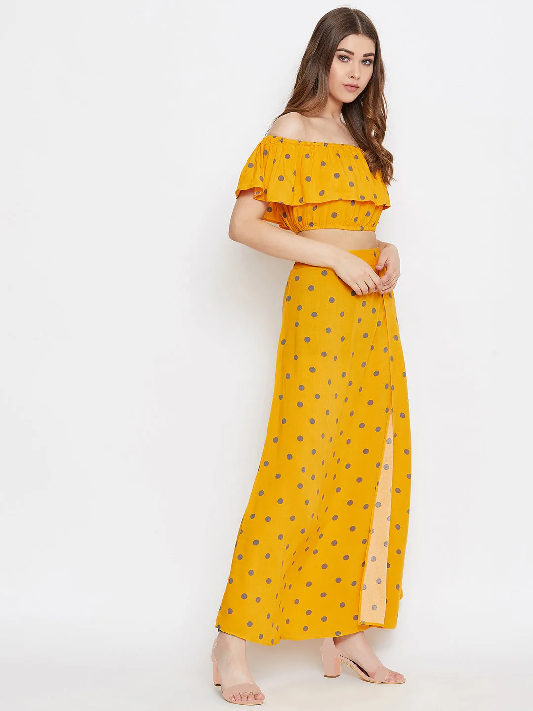 Berrylush Women Yellow Polka Dot Printed Off-Shoulder Co-Ordinate Maxi Dress