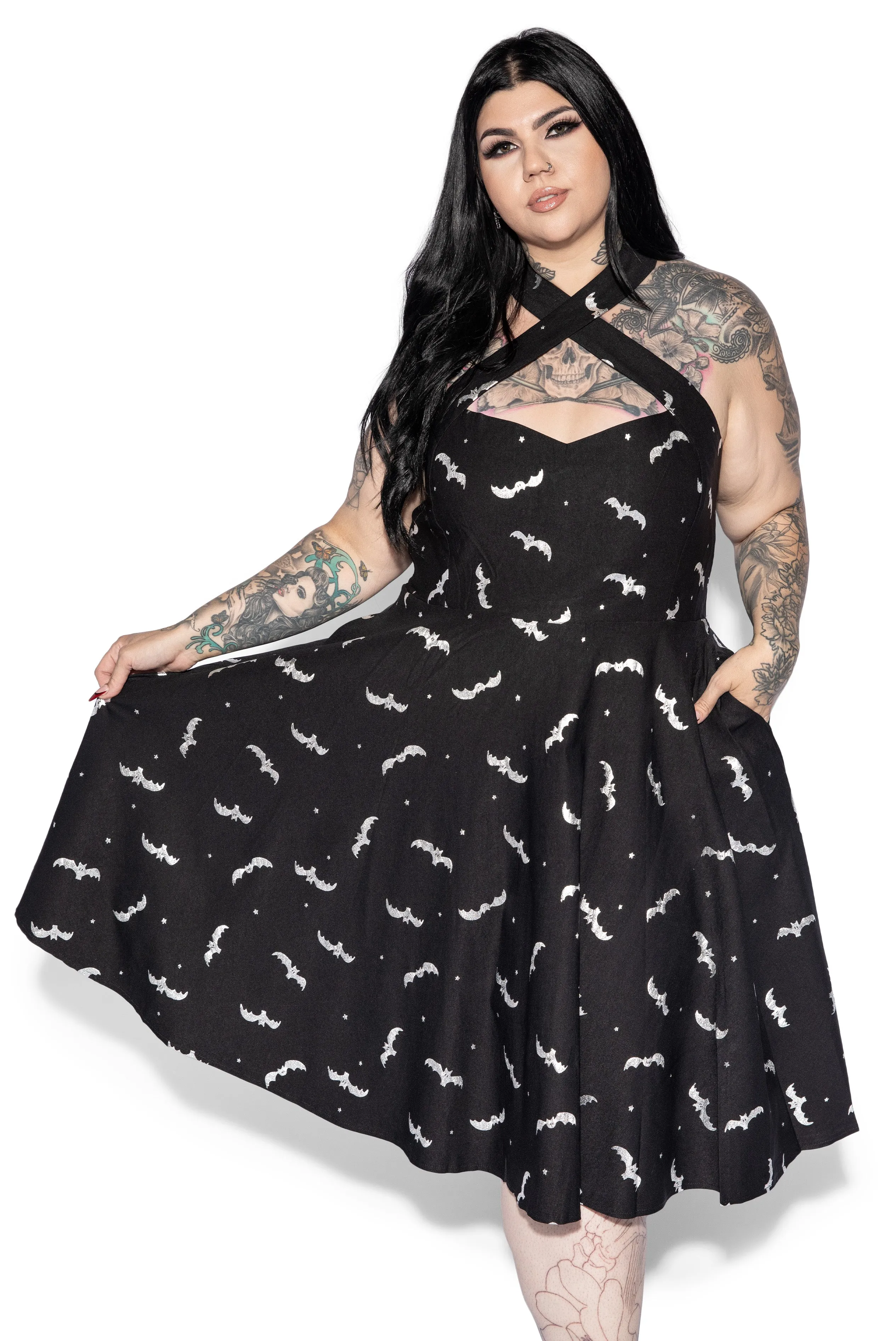 Black & Silver Bats Criss Cross Halter Flare Dress